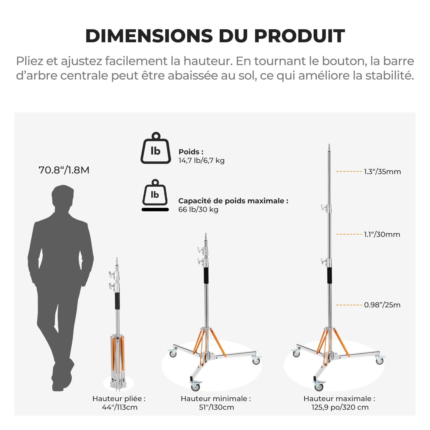 K&F CONCEPT Support Lourd 305cm avec roulettes pour Studio Photo