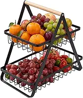 Fruteira de Mesa Mini, 2 Andares, em Inox Preto, com Alça de Madeira – Cesta Organizadora Multiuso para Frutas, Legumes e Decoração de Cozinha Moderna