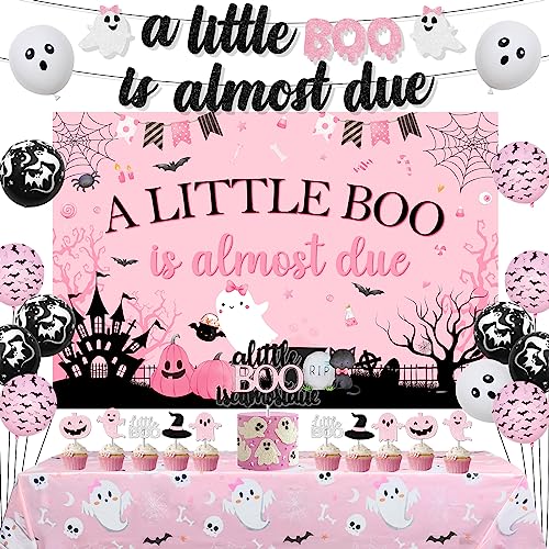 Balterever Halloween Baby Shower Decoration for Girls Pink Black a Little Boo is Almost Due Baby Shower Banner Backdrop Cake Toppers Halloween Tablecloth for Gender Reveal