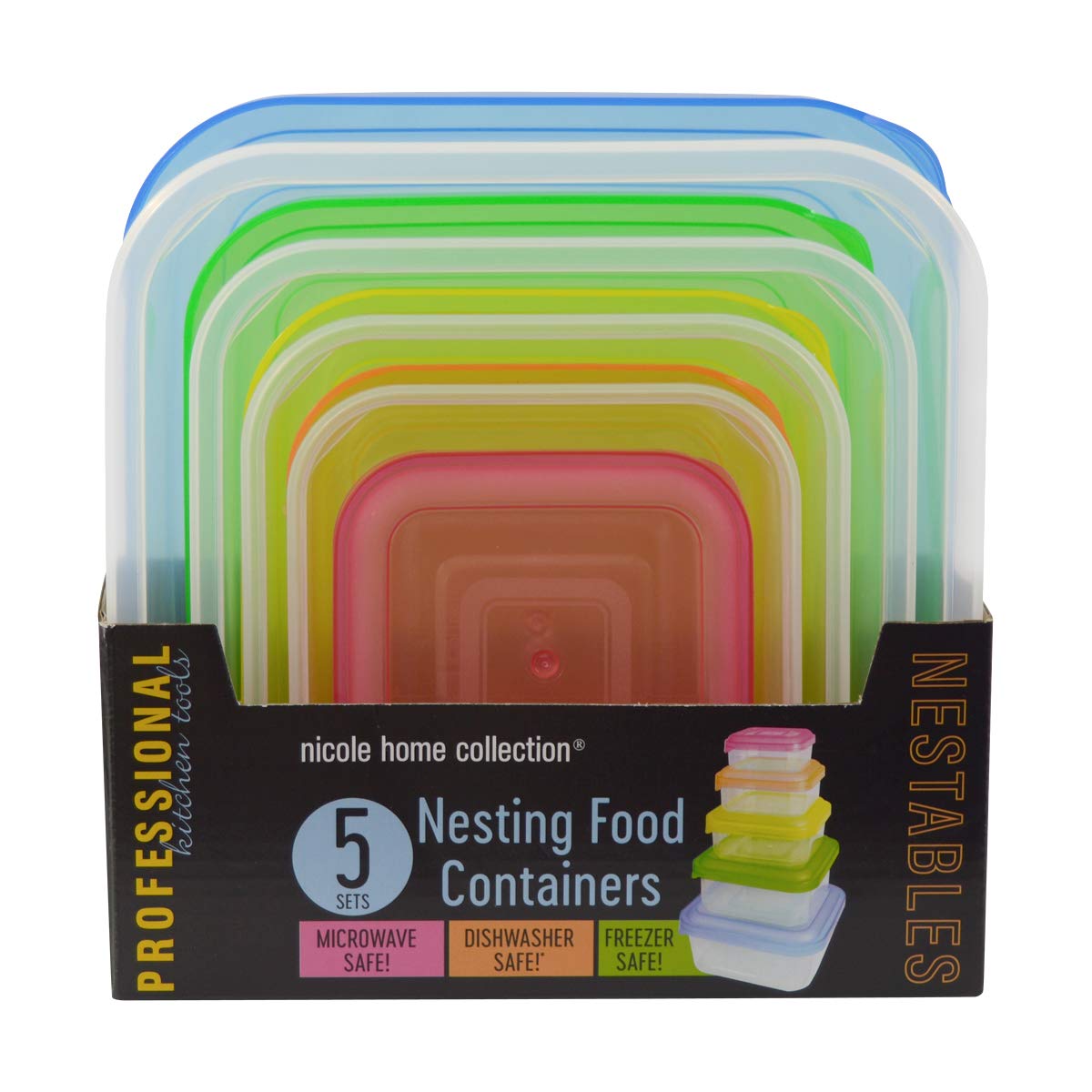 Rectangular Food Containers With Colorful Lids - Assorted Sizes, 5 Pcs
