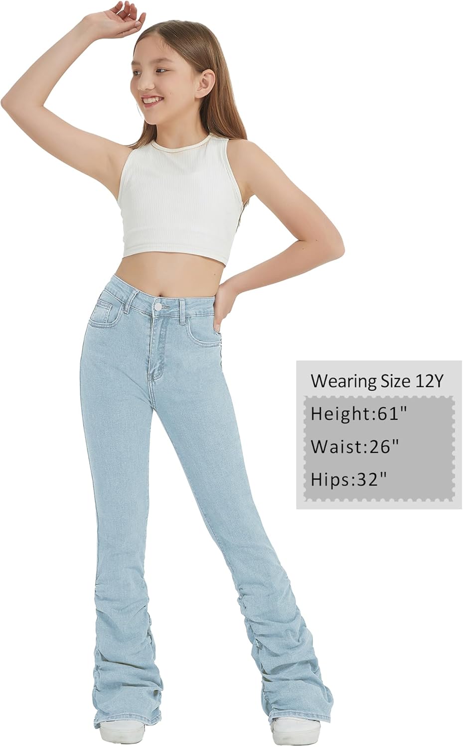 EXARUS Girls Stacked Flare Jeans High Waisted Denim Bell Bottom Bootcut Casual Kids School Ruch Pants with Pockets 8-14Y - Image 6