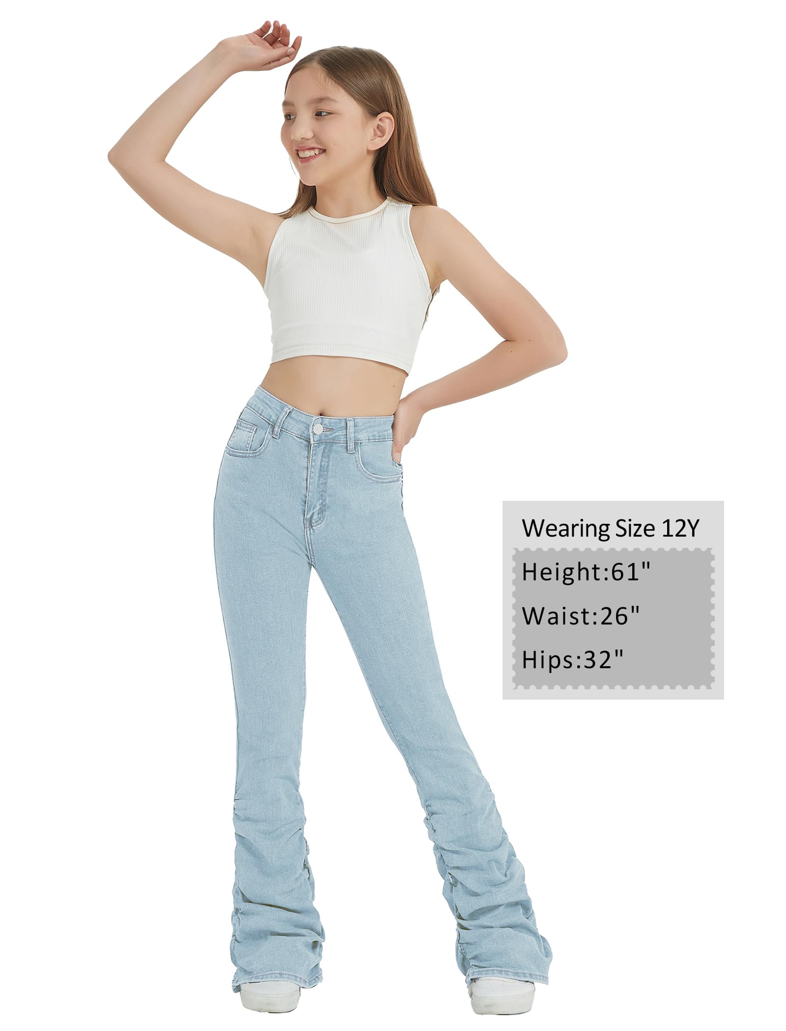 EXARUS Jeans svasati impilati a vita alta in denim con fondo a campana Bootcut casual per bambini pantaloni ruch con tasche 8-14 anni