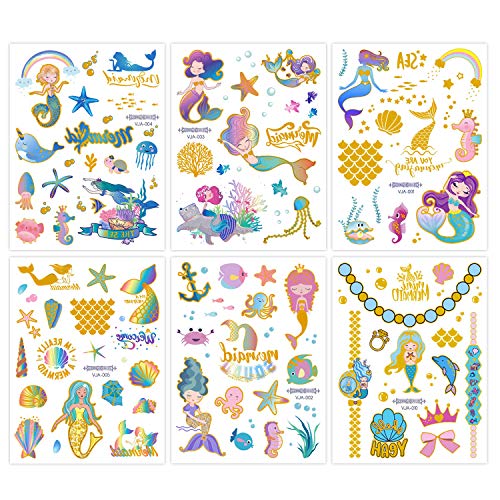 Mermaid Party Supplies Temporary Tattoos For Kids - Glitter Mermaid Birthday Party Favors, Mermaid Tail Decorations + Halloween Easter Makeup ( 6 Sheet ) #TOP1