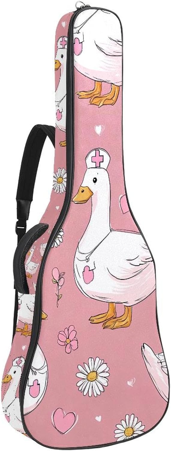 Acoustic Guitar Gig Bag 10mm Thick Padding, Soft Waterproof Guitar Case with Adjustable Backpack Straps for 40-42 Inch Guitar, Cute Nurse Goose Pink Flowers and Hearts Pattern