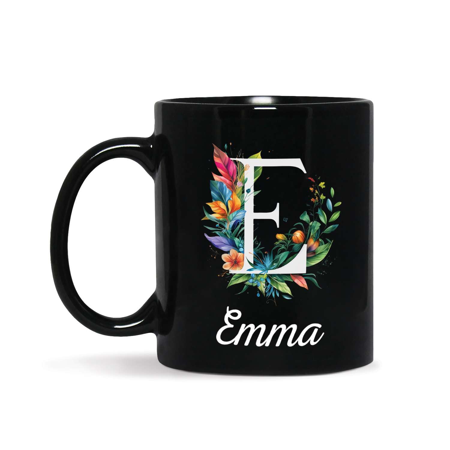 Great Custom Initial Name Letter E Tea Cups, Personalized Name On Black Ceramic Travel Mugs With Flower Themed For Daughter, Customized Alphabets Style Coffee Cup Gift For Friends