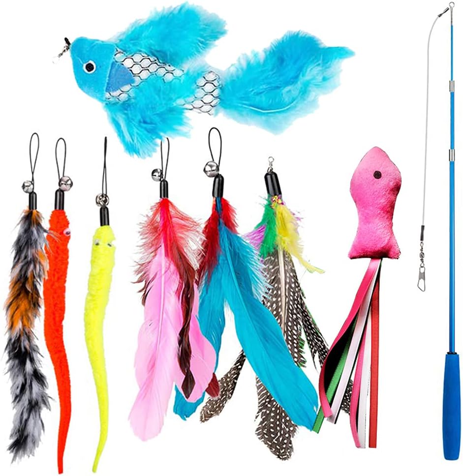 9 PCS Feather Teaser Cat Toy, Interactive Retractable Cat Teaser Wand, 8 PCs Replacement Colorful Feather Dangler Refills Worm Fish Cat Blue Flying Fish with Bells Funny Exercise for Kitten Catcher