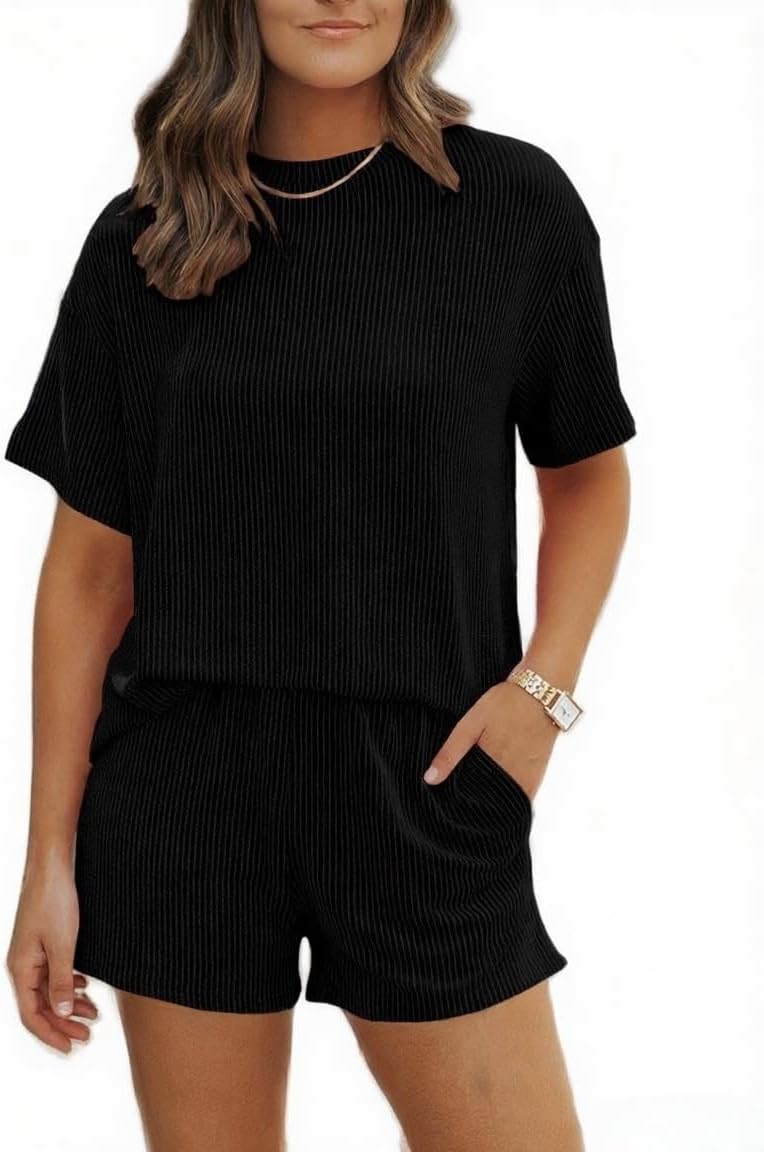 Ulovmi Women 2 Piece Outfits Summer Sets Lounge Sweatsuits with Short Sleeve
