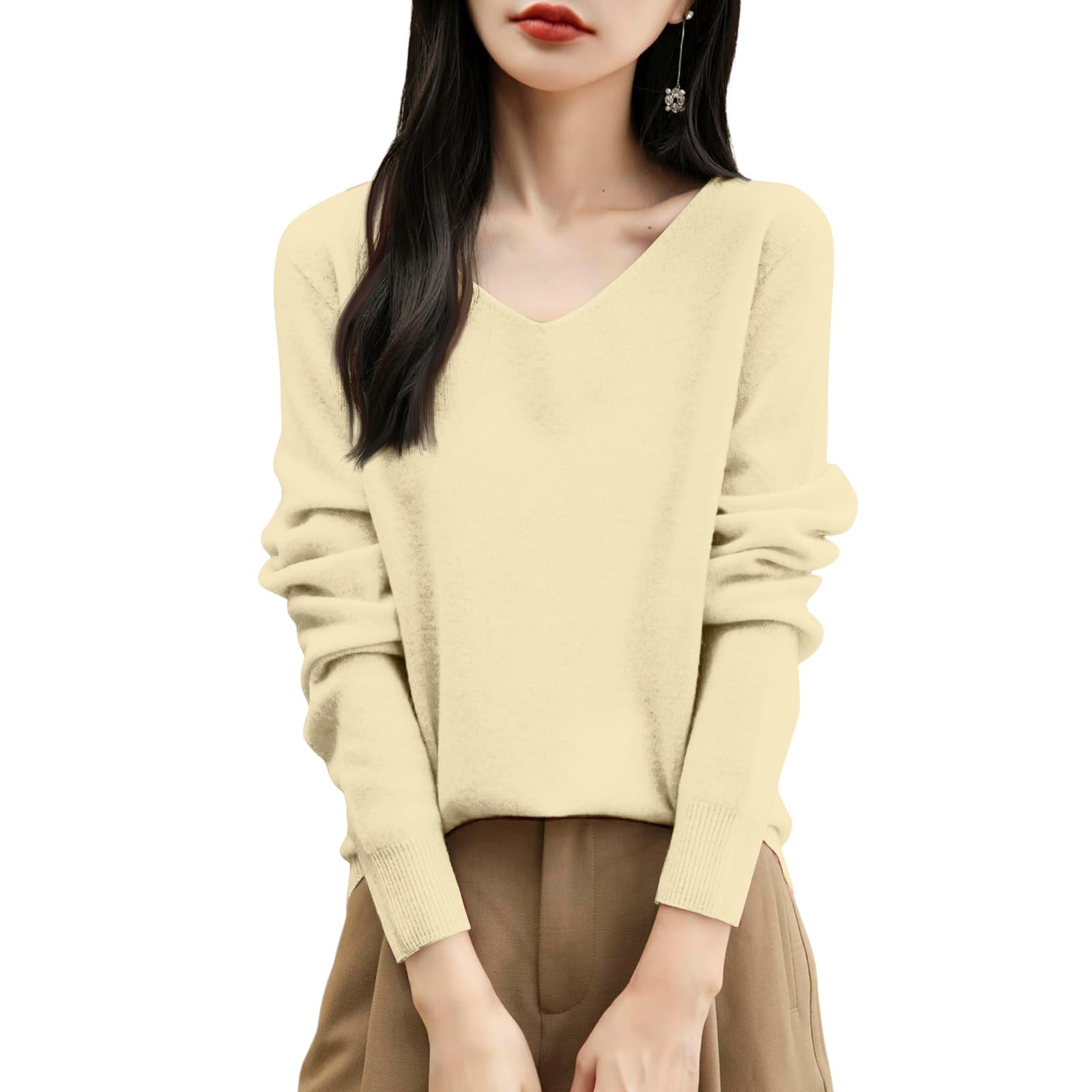 Cashmere Sweaters for Women Pullover Knit Cozy V Neck Sweater Warm Long Sleeve Wool Sweater Lightweight Casual Tops