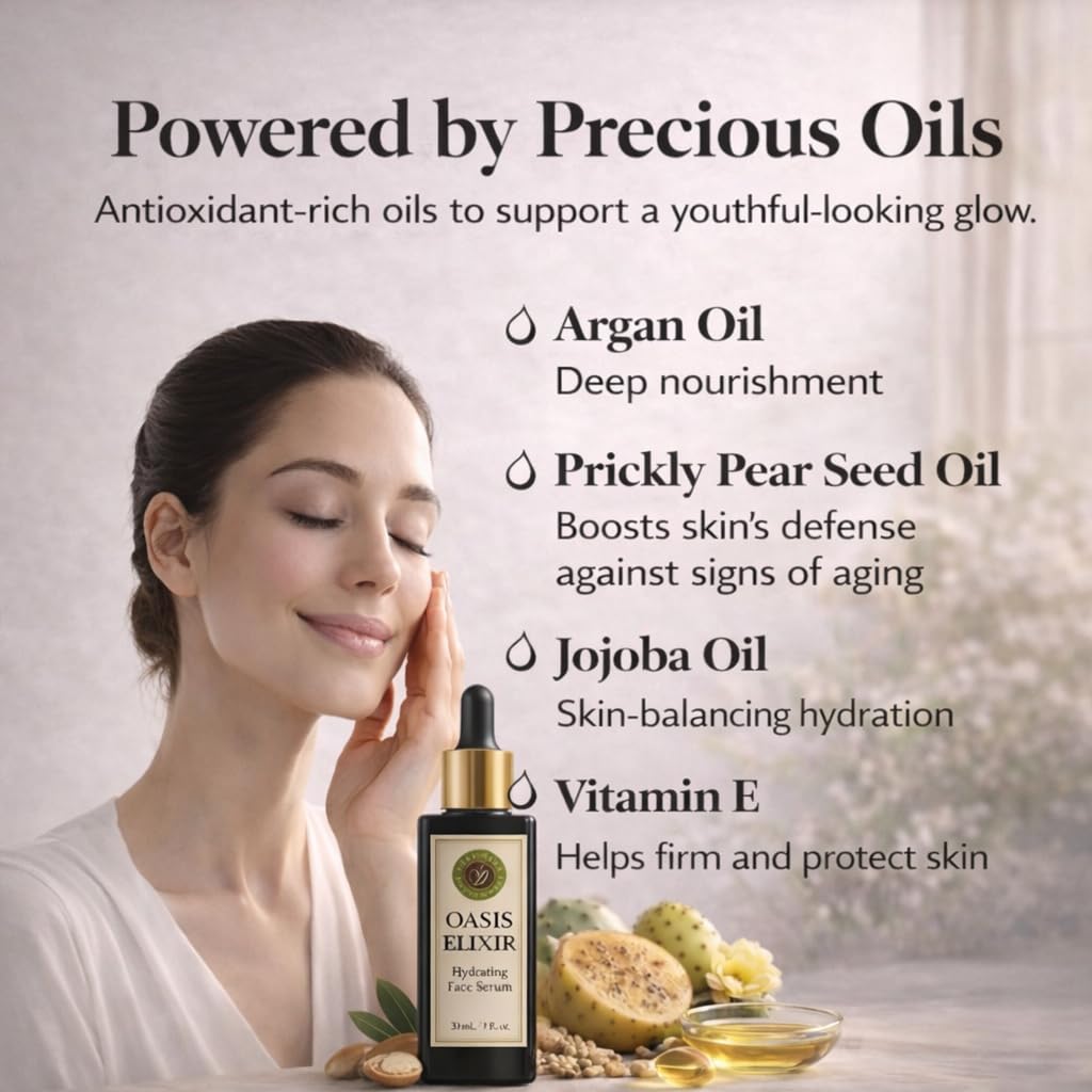 Oasis Elixir Face Oil Serum, Deep Hydration and Radiant Glow, Fast Absorbing, Non Greasy, Helps Reduce the Look of Fine Lines, Argan and Prickly Pear, Jojoba, Vitamin E, 1 fl oz (30 mL) - Image 6