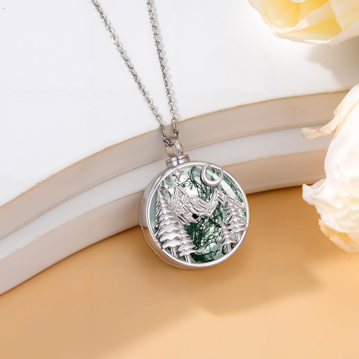 Dorunmo Urn Necklace for Ashes 925 Sterling Silver Moss Agate Cremation Jewelry Keepsake Pendant Memorial Necklace for Human Pet Ashes Sympathy Gift Jewelry for Women Men - Image 2