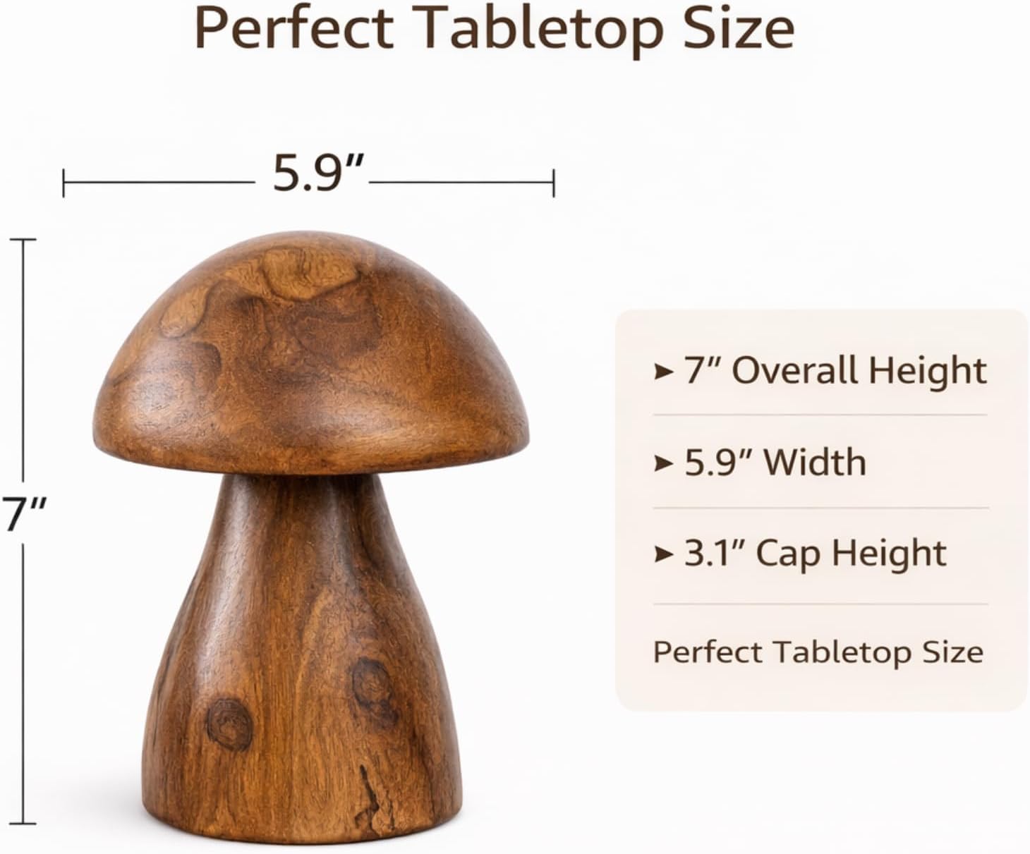 Handmade Teak Wood Mushroom Decor Statue, Rustic Wooden Sculpture Accent for Living Room, Boho Tabletop Figurine, Natural Solid Wood Home Decoration for Indoor