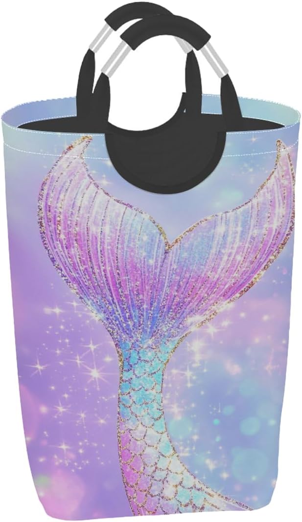 Laundry Hamper Pink Purple Mermaid Glitter Tail Laundry Baskets Collapsible Waterproof Washing Clothes Hamper Large Storage Bin with Handles for Bathroom Bedroom Nursery Kid's Room
