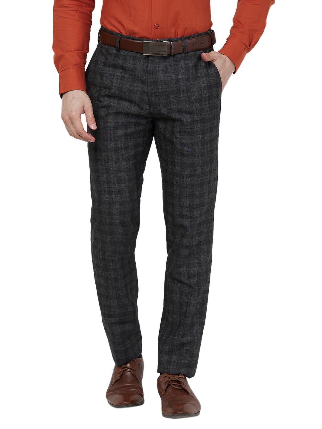 raymond Men Slim Fit Checks Pattern Poly Viscose Blend Flat Front Formal Trouser Grey-picture-23