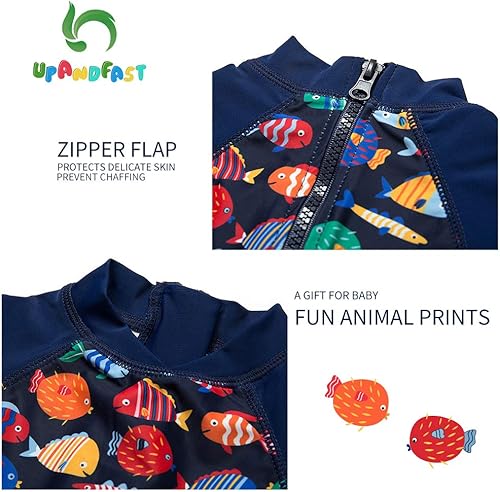 Miniatura 6 de upandfast Traje de baño para bebéniño pequeño, protección solar UPF 50+, traje de baño de una pieza con cremallera con sombrero para el sol, traje