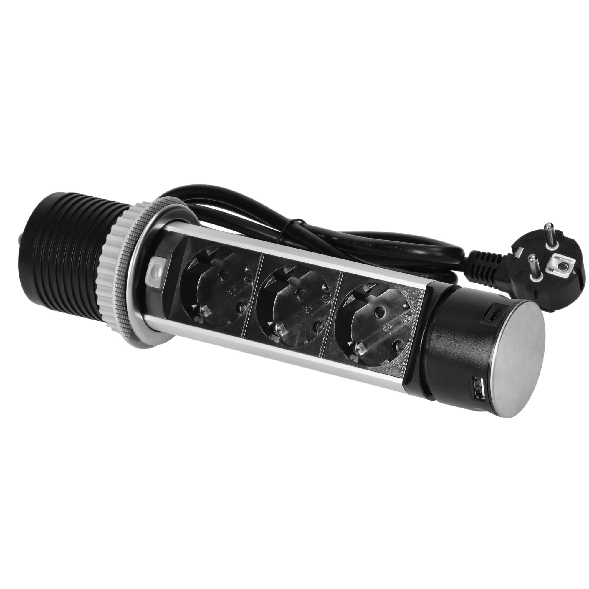 Torretta Multipresa Ø60 mm 3 x Prese Schuko e 2 x USB A e C - Cavo da 1,5m INOX Ciabatta Multipresa a Scomparsa IP20 per Cucina Ufficio Sala Conferenze