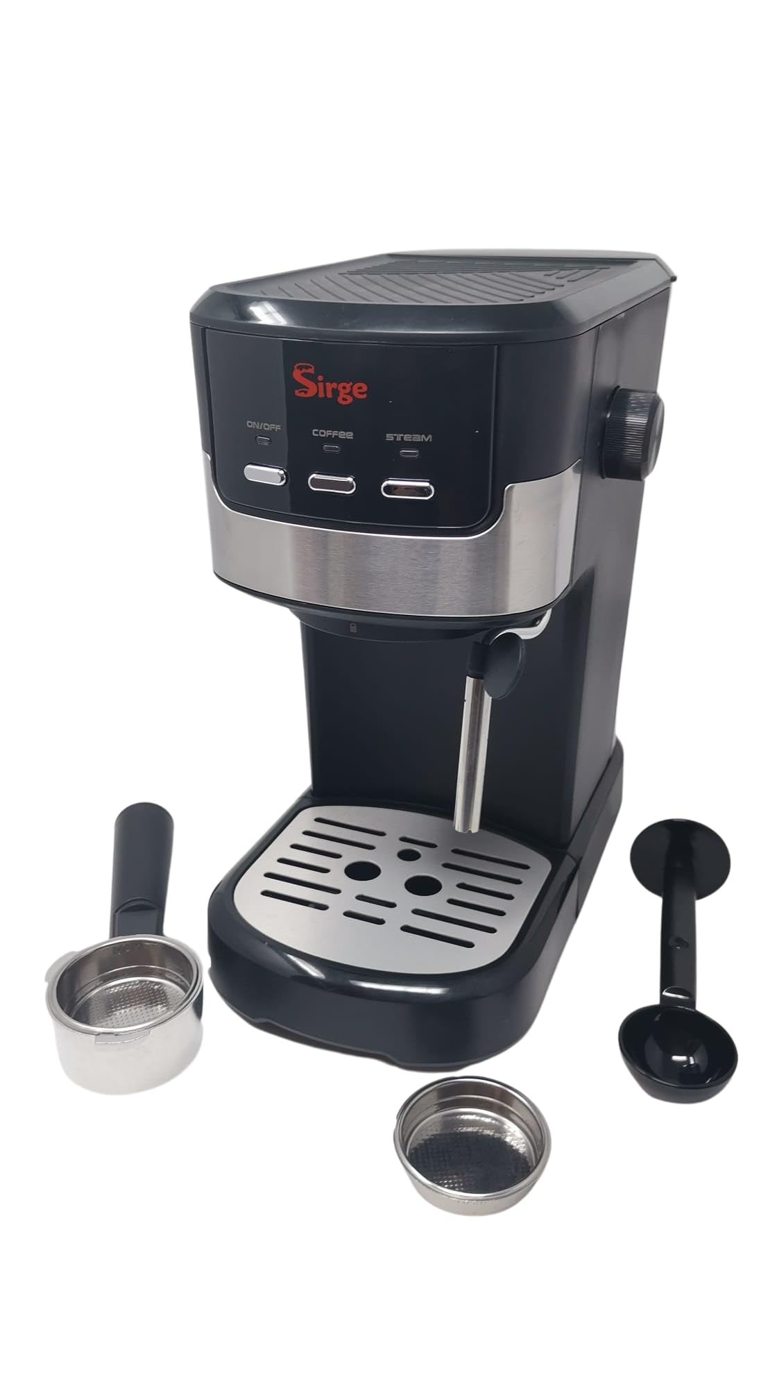 Sirge CREMAEXPRESSO+ Macchina per Caffè Espresso e Cappuccino con 2 filtri, 1100 W, 20 bar [POMPA MADE IN ITALY], Serbatoio dell'acqua 1,25 L Rimovibile • Ugello Vapore Cappuccino, NERA