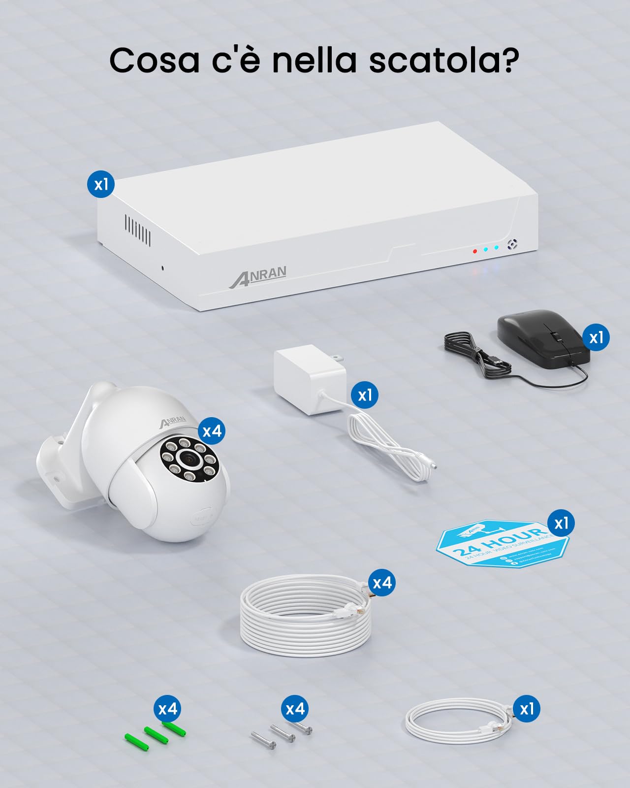 ANRAN 4K PoE Kit Videosorveglianza Esterno, NVR 8CH 2TB + 4x 8MP 360° PTZ Telecamere con Tracciamento Automatico, Rilevamento AI, Registrazione 24/7, Espandibile 10TB, Accesso Remoto, Sirena, IP67