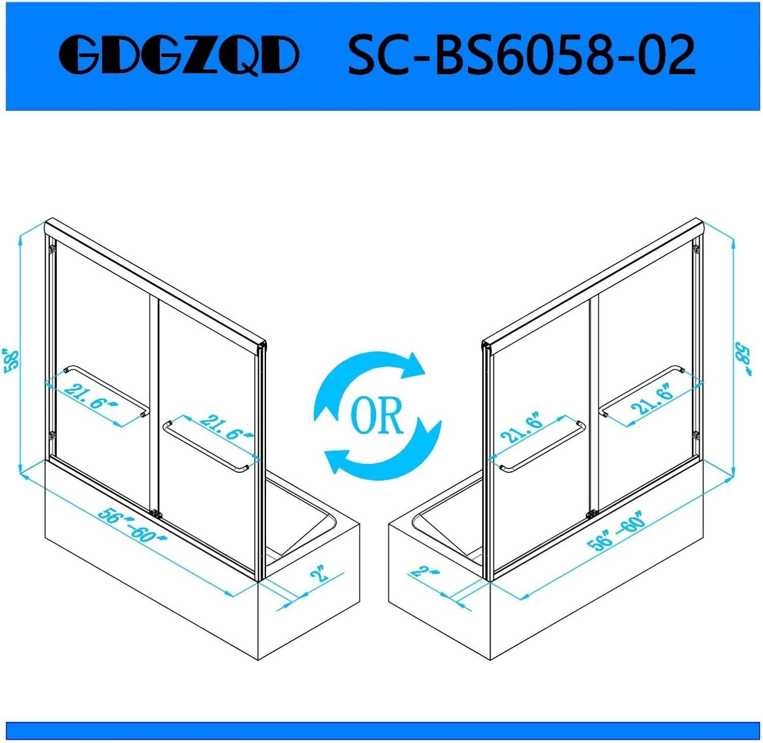 Bathtub Shower Door - 56-60" W×58" H Semi-Frameless Double Sliding Design Shower Tub Door 1/4" Clear Glass Panel(‎Black, 60X58IN)