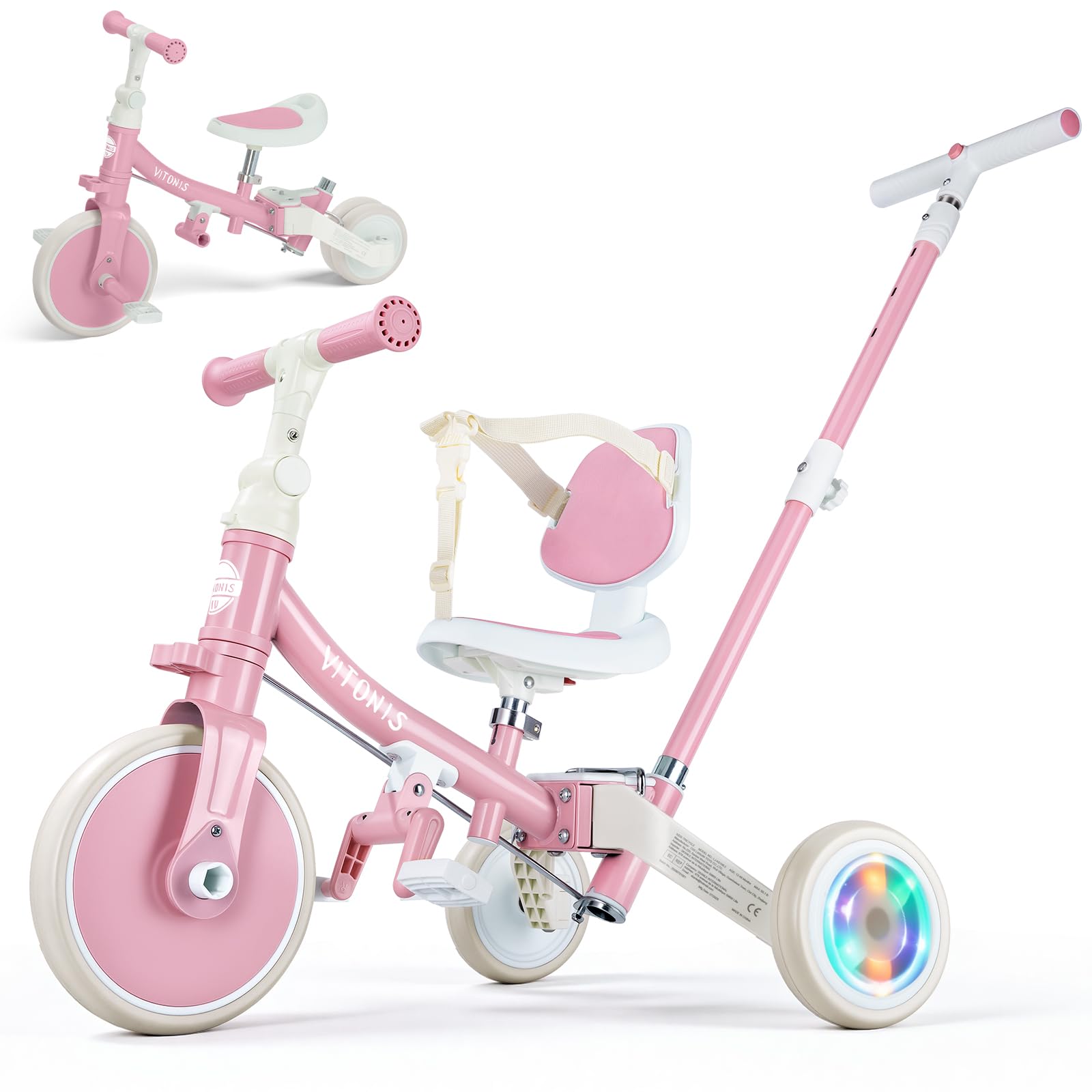 VITONIS Triciclo 5 in 1 per bambini dai 18 mesi ai 3 anni, con ruote lampeggianti, maniglione di spinta, schienale e cintura di sicurezza, regalo per bambini e bambine, bicicletta senza pedali, rosa