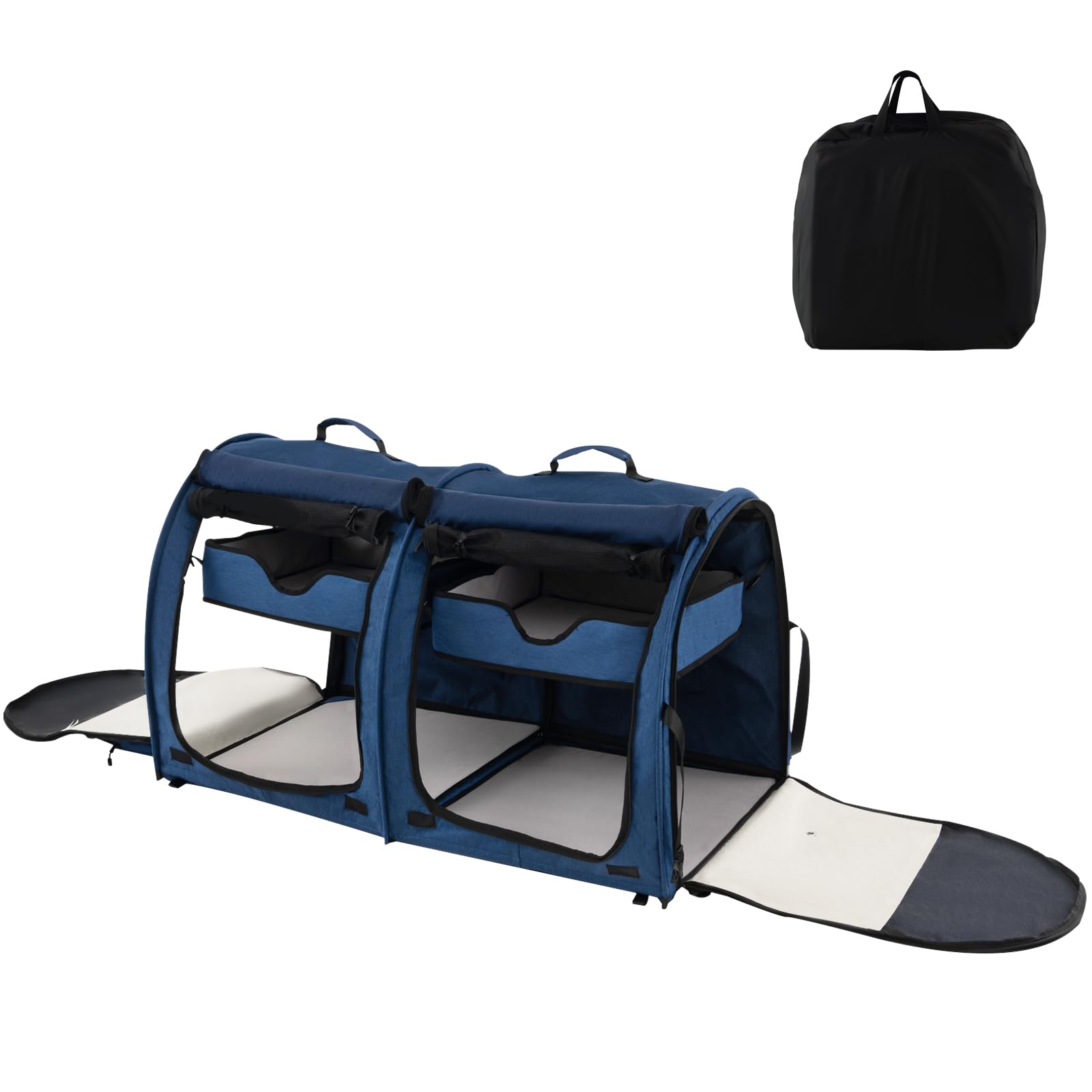 Maxmass Double Soft-Sided Pet Carrier, Portable Pet Travel Crate with 2 Compartments, Detachable Hammocks, Litter Box and Carrying Bag, Collapsible Dog Kennel for Small & Medium Cats Puppies (Navy)