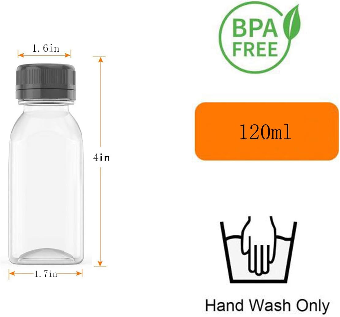 4 OZ Plastic Juice Bottles, Reusable Bulk Beverage Containers, Comes Black lid, for Juice, Milk and Other Beverages, 10 Pcs.