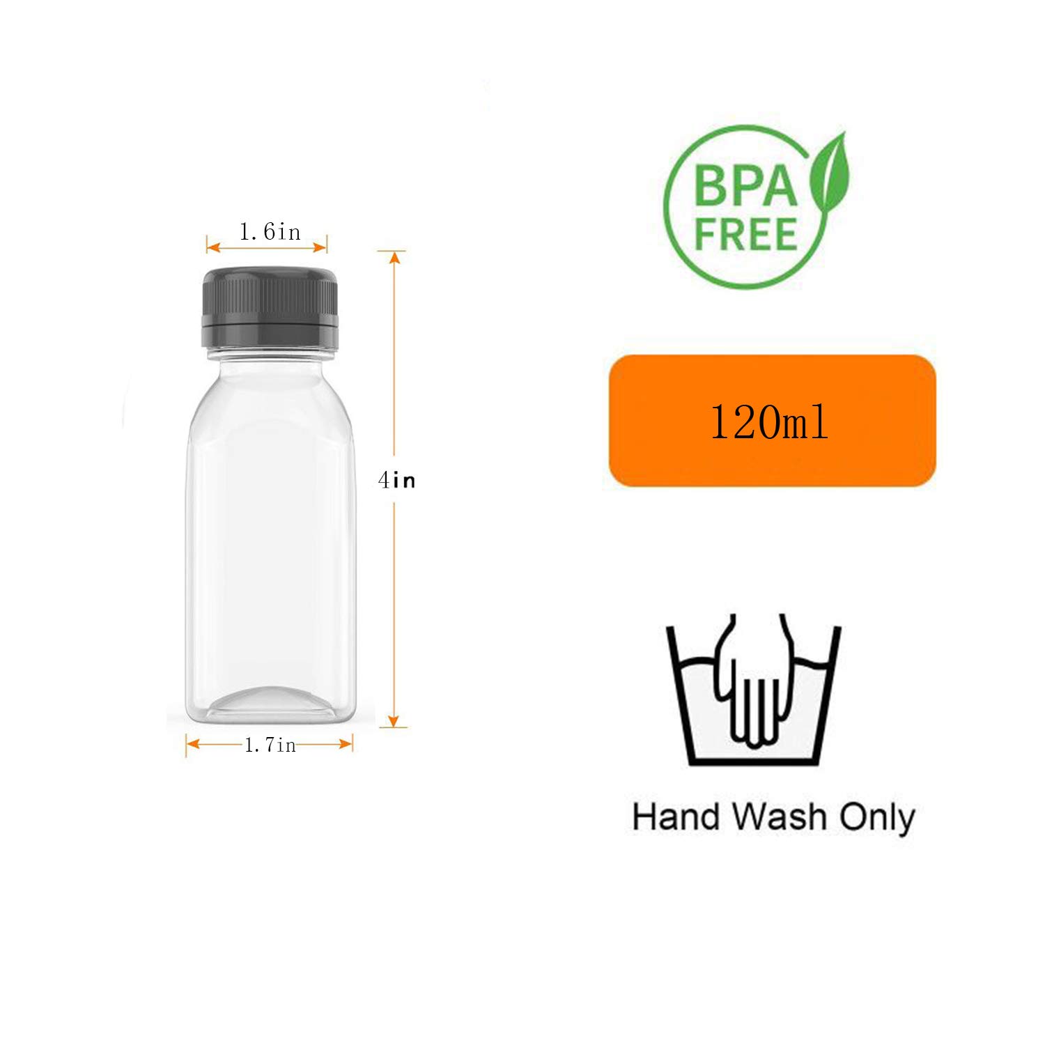 4 OZ Plastic Juice Bottles, Reusable Bulk Beverage Containers, Comes Black lid, for Juice, Milk and Other Beverages, 20 Pcs.