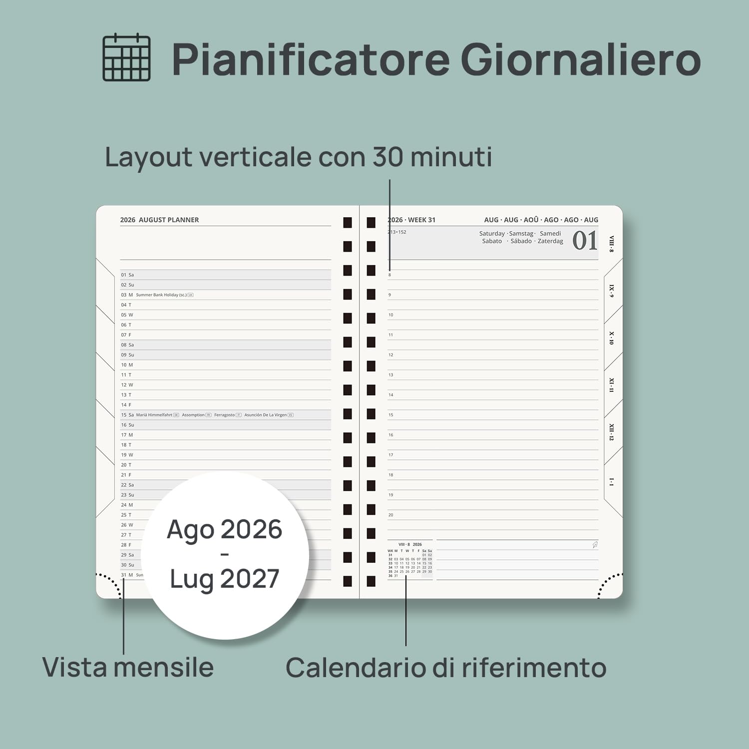 POPRUN Agenda Giornaliera 2026 2027 A5 Spirale, Daily Planner 21,5 x 14,5 cm 1 Giorno 1 Pagina da Ago.2026 a Lug.2027 con Schede Mensili, Carta Spessa da 80 GSM, Viola Chiaro