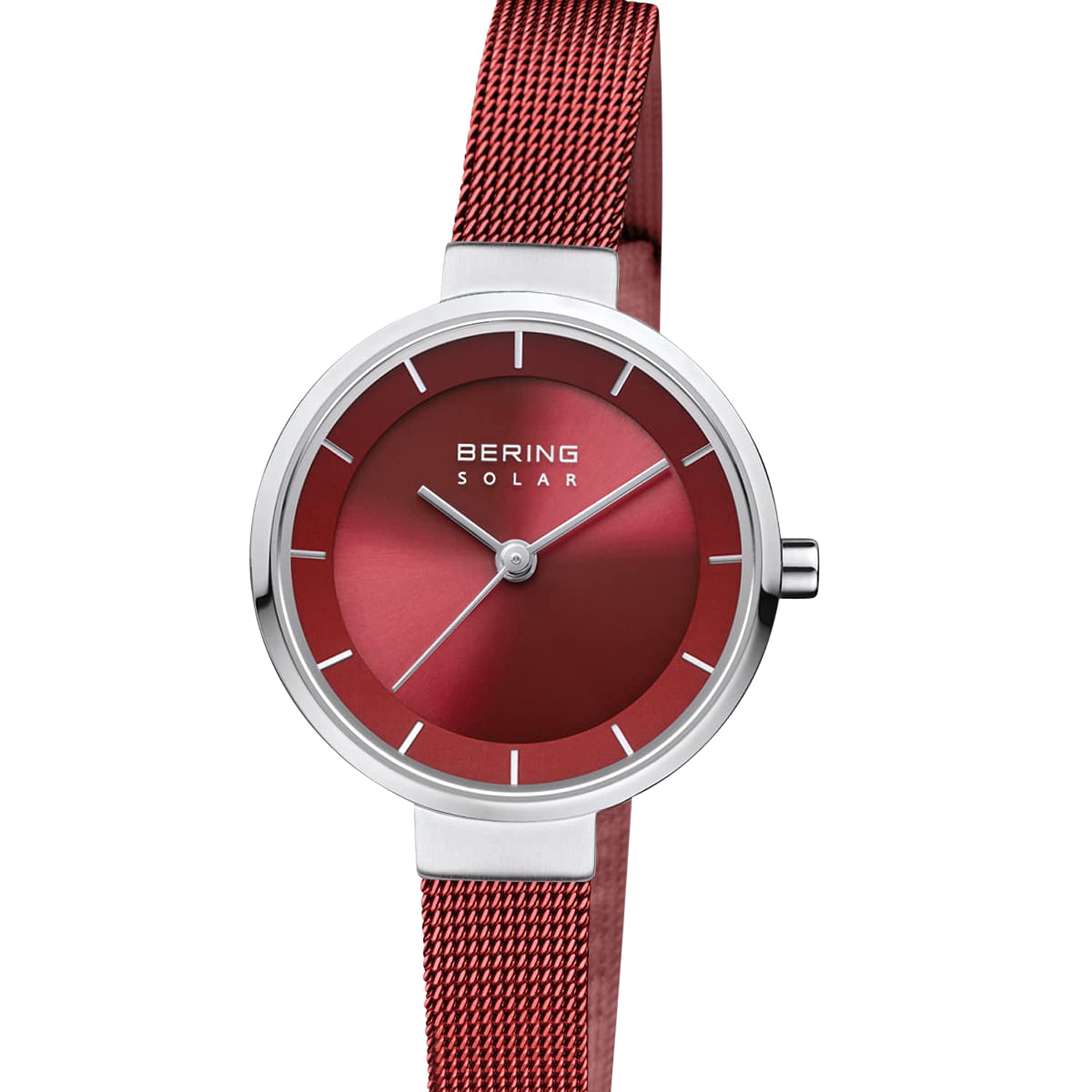 BERING Damen Solar Uhr | Armbanduhr 27 mm Edelstahlgehäuse und Sunray Zifferblatt | Milanaisearmband | Saphierglas | 5 ATM | 14627