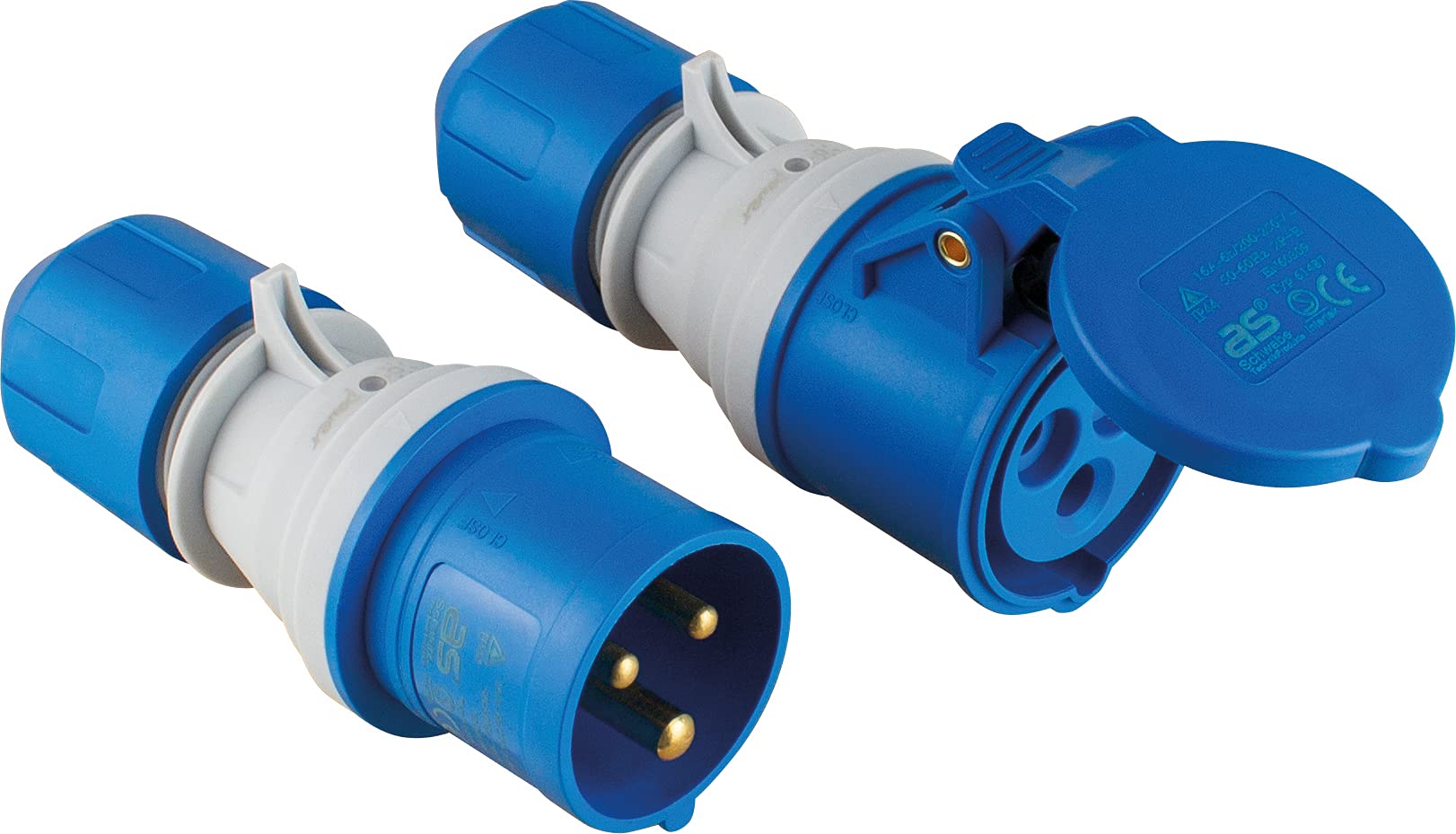 as - Schwabe Cavo di prolunga da campeggio, 5 m, 230 V, 16 A, 3 poli, spina CEE con indicatore di tensione, accoppiamento CEE con coperchio ribaltabile, prolunga per camper, prodotto in Germania,