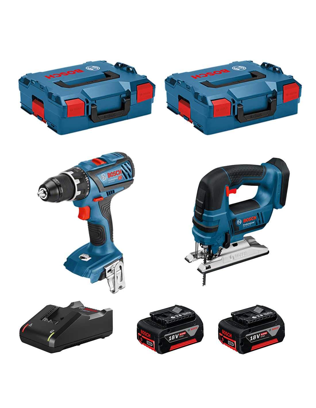 BOSCH Kit 18V BSK182M2F (Taladro Atornillador GSR 18V-28 + Sierra de Calar GST 18V-LI B + 2 Baterías de 4,0 Ah + Cargador + 2 x L-Boxx 136)