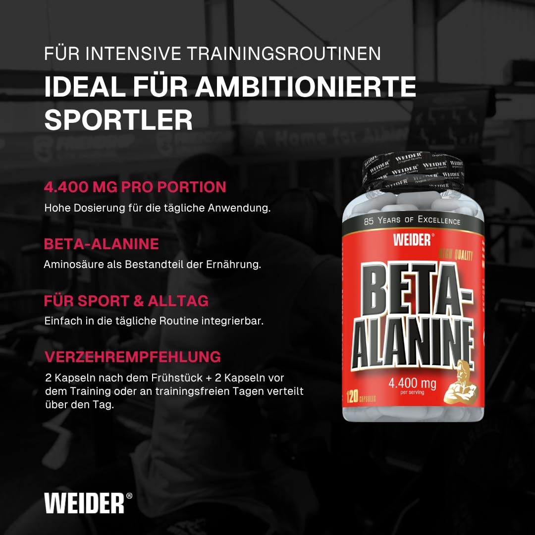 Weider - Beta Alanine - Hochdosierte Carnosin-Vorstufe für mehr Power im Training - Pre-Workout, Booster für Ausdauer und Krafttraining - 120 Kapseln