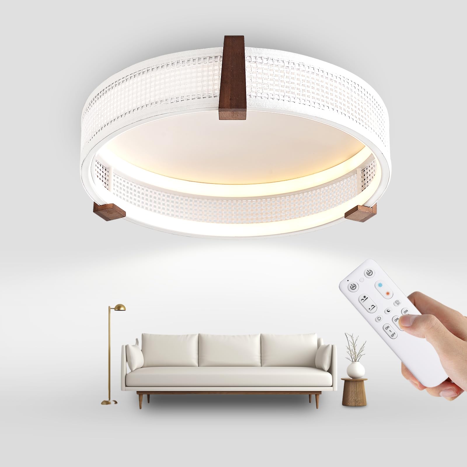 LED Lámpara de Techo Regulable, Φ50CM Lámpara de Techo de Madera con Mando a Distancia, Plafón Boho con Pantalla de Ratán, Moderna Luz de Techo para Salón Cocina Sala de Estar Dormitorio Pasillo