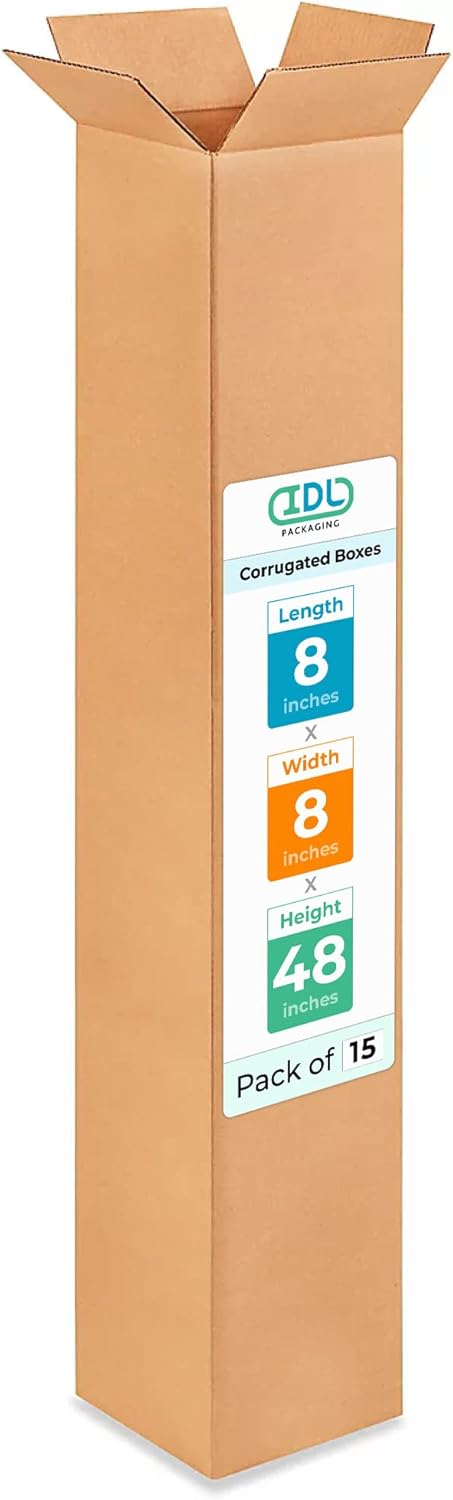 Tall Moving & Shipping Boxes 8"L x 8"W x 48"H (15-Pack) - Extra Strength 200 lb vs Regular - Corrugated Durable Moving Boxes - Corrugated Packaging Box - Packing Supplies Box by IDL Packaging