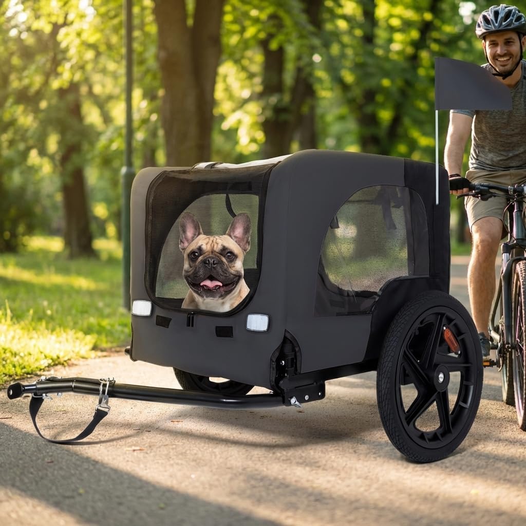 Heavy-Duty Dog Bike Trailer for Medium & Large Dogs Up to 88 lbs, 16" All-Terrain Wheels, Foldable Pet Bicycle Carrier with Safety Belt, Crash Guard, Dual Reflective Strips & Flag, Fits 20"-29" Bikes