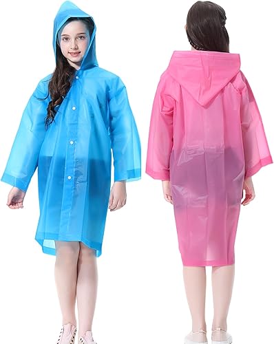 Miniatura 8 de Ponchos de lluvia para niños, impermeables reutilizables para niños y niñas, 2 paquetes de chaqueta impermeable transparente de emergencia con