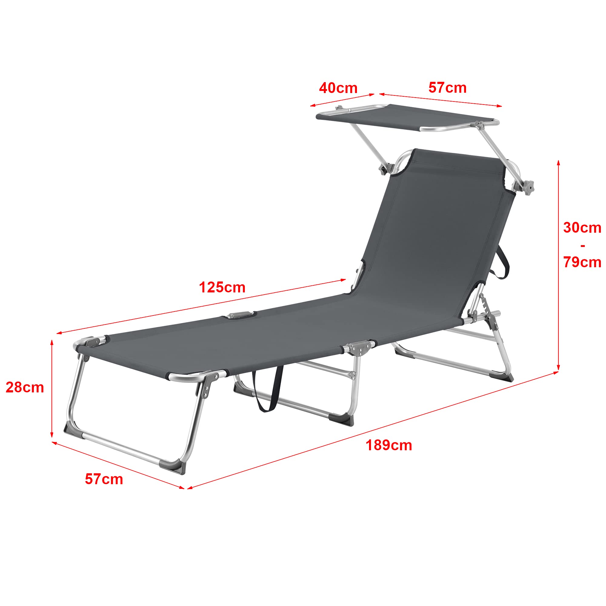 [en.casa] Sonnenliege mit Dach Legorreta Liegestuhl klappbar Strandliege Aluminiumgestell bis 115 kg Gartenliege mit Rückenlehne verstellbar Dunkelgrau