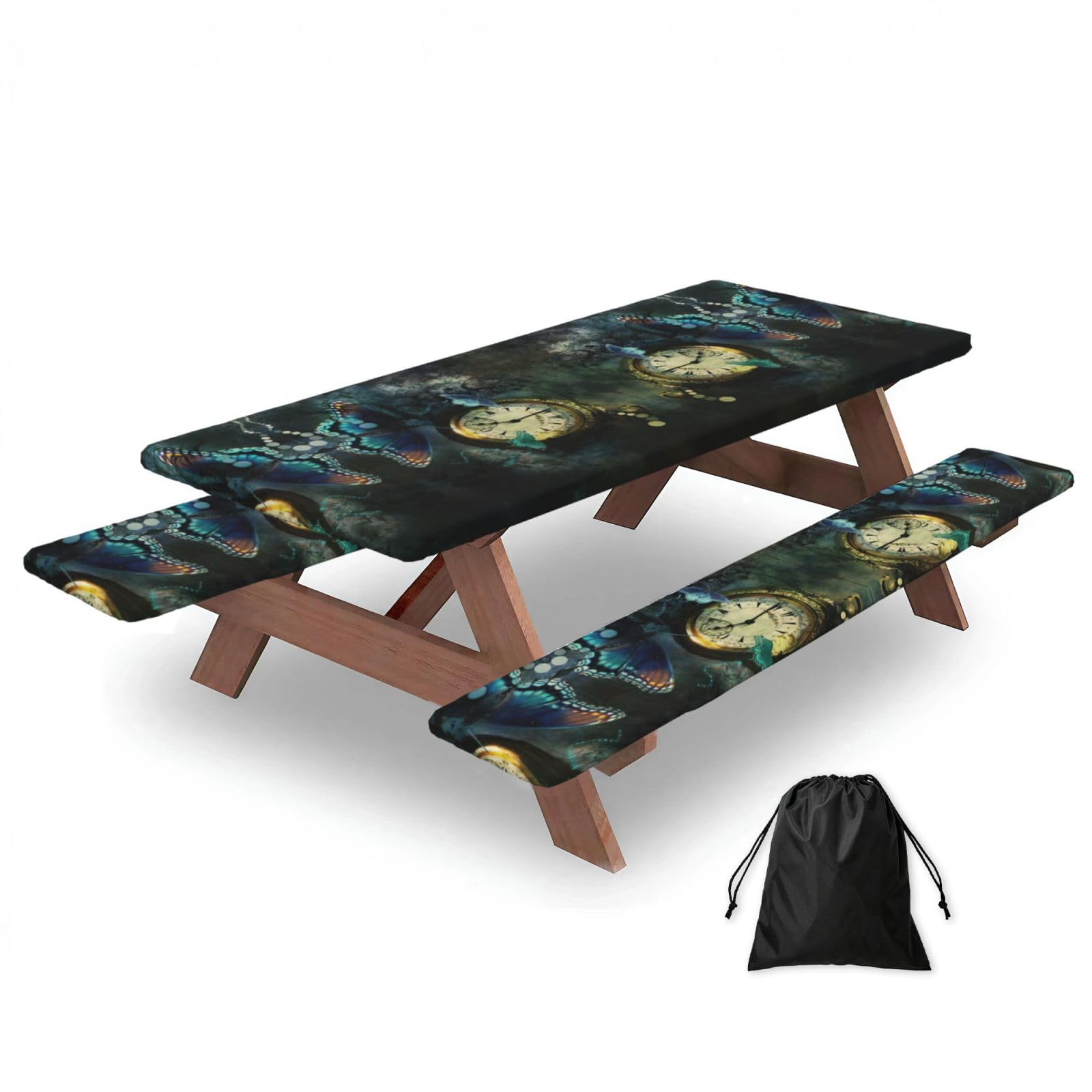 Butterfly Clocks Print 3 Pack Wipeable Picnic Bench Cover And Table Cover Lightweight Table Cloth For Camping Outdoor