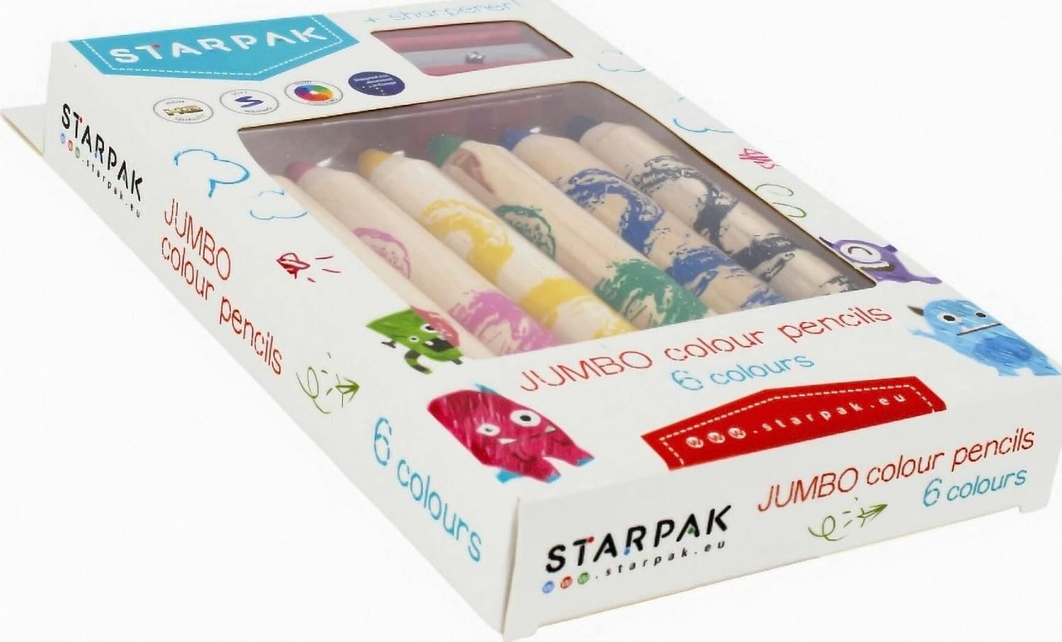 Jumbo Colouring Pencils - 6 Colours + Sharpener