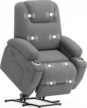 Flamaker Power Lift Recliner Chair with Massage Ergonomic Recliner Chair for Elderly People, Single Sofa with Cup Holders, Side Pockets Fabric, Gray