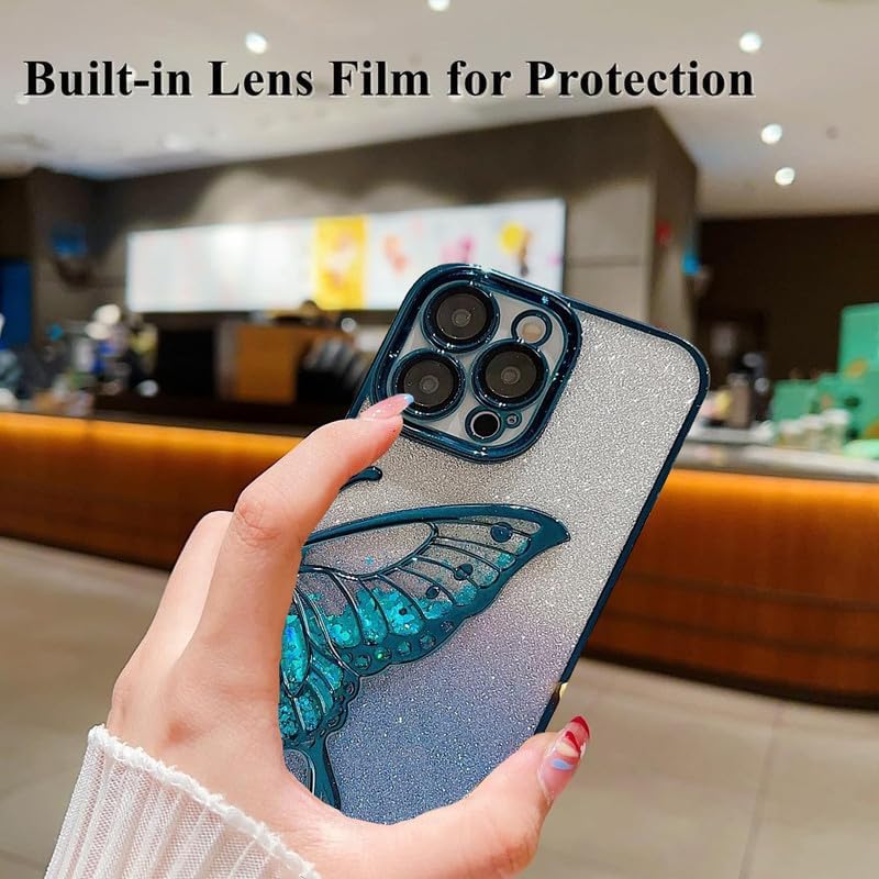Image of MIDOS Thermoplastic Polyurethane Designed Compatible With iPhone 14 Pro Max Case With Glitter Cute Butterfly Plating Design Aesthetic Women Girls Cover For iPhone 14 Pro Max (Blue)
