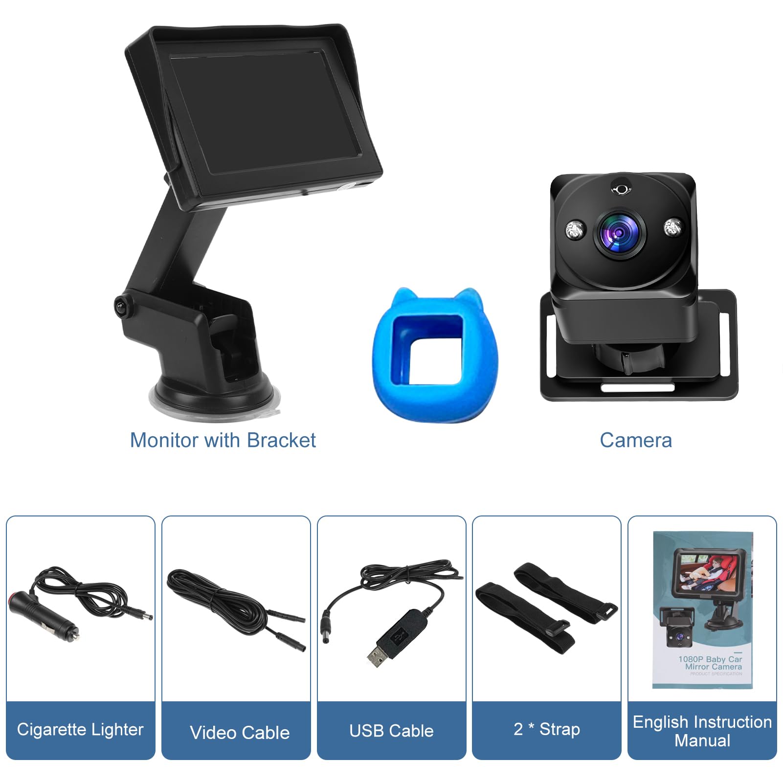 Tbest Kamera Samochodowa dla Niemowląt, Monitor 4,3 Cala, rozdzielczość 1080P HD, Kamera Skierowana do Tyłu, z funkcją Widzenia w Nocy, Obrót o 360°, Szeroki Kąt Widzenia, Złącze USB (Z 2