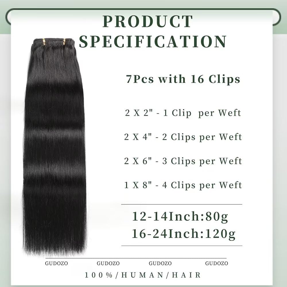 GUDOZO Extension Capelli Veri Clip 7pcs 50cm 120g Nero Naturale Extension Clip Capelli Veri Clip In Extension Capelli Veri Extension Clip Capelli Veri(20inch,1B#)