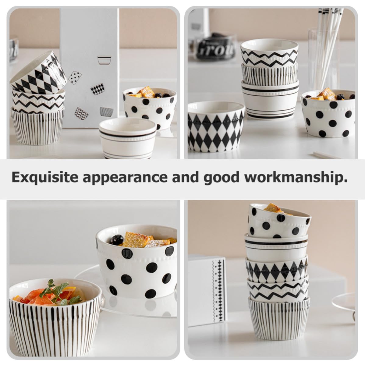 Cabilock Bols à Riz en Céramique 330ml, Lot de 5, Style Noir et Blanc | Légers et Portables, Fond Antidérapant, Faciles à Nettoyer, pour Repas Quotidiens, Desserts et Soupes