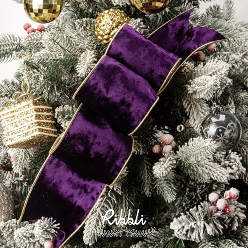 Image of Ribbli Purple Velvet Wired Ribbon 4 Inch Metallic Purple Gold Crushed Velvet Christmas Ribbon for Gift Wrapping Christmas Tree Decoration Crafts Wreaths Supplies-Continuous 10 Yards
