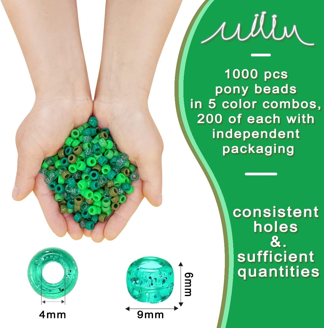 MIIIM 1000PCS 6x9mm Pony Beads Bulk, 5 Styles Green Pony Beads for Bracelets Making Kit, Kandi, Hair Braids Crafts for Jewelry Making (Green) - Image 2