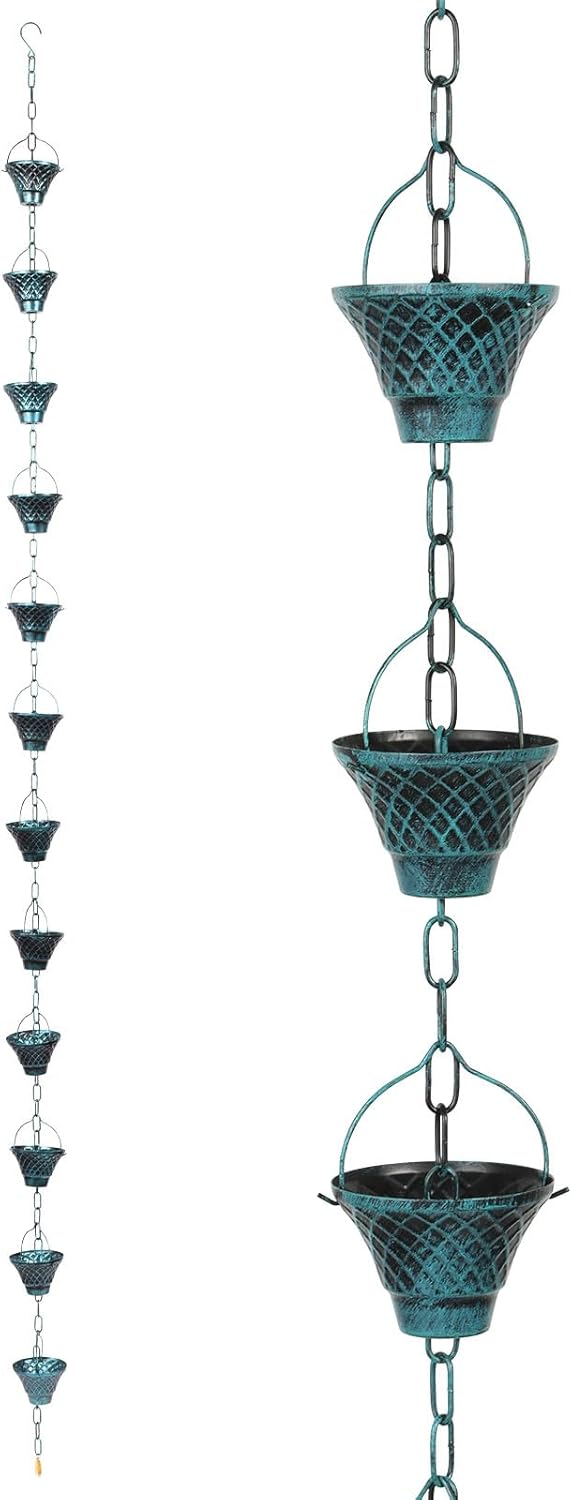 Rain Chains for Gutters, Outside Downspouts Metal Rain Catcher Diverter, 8.5 Ft Retro Rain Chains Decorative with Hook and 12 Metal Cups for Windowsill Garden Patio