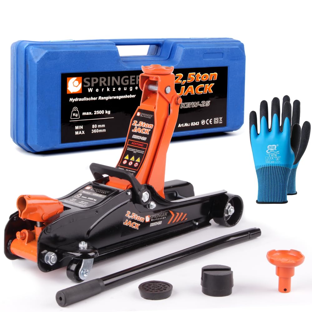Springer 2,5T Rangierwagenheber KRW 25 – Hydraulischer Wagenheber – 80–360 mm Hubhöhe, inkl. SUV-Adapter, 2 Gummiteller, Koffer & Handschuhe – Autoheber & Werkzeuge für tiefergelegte Fahrzeuge & SUV