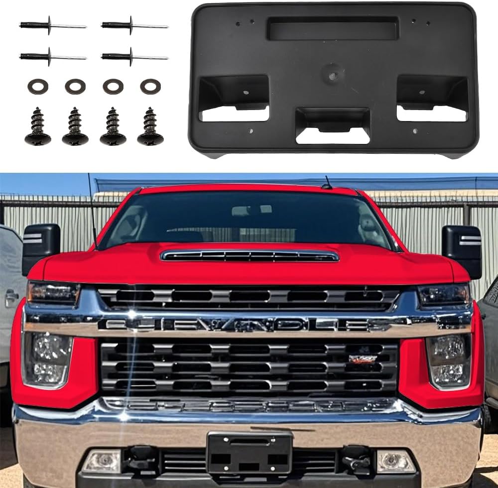 License Plate Holder Compatible with Silverado 2500 3500 HD 2021 2022 2023 Front Bumper License Plate Frame Black Mounting Bracket Accessories Replace for OE84186106
