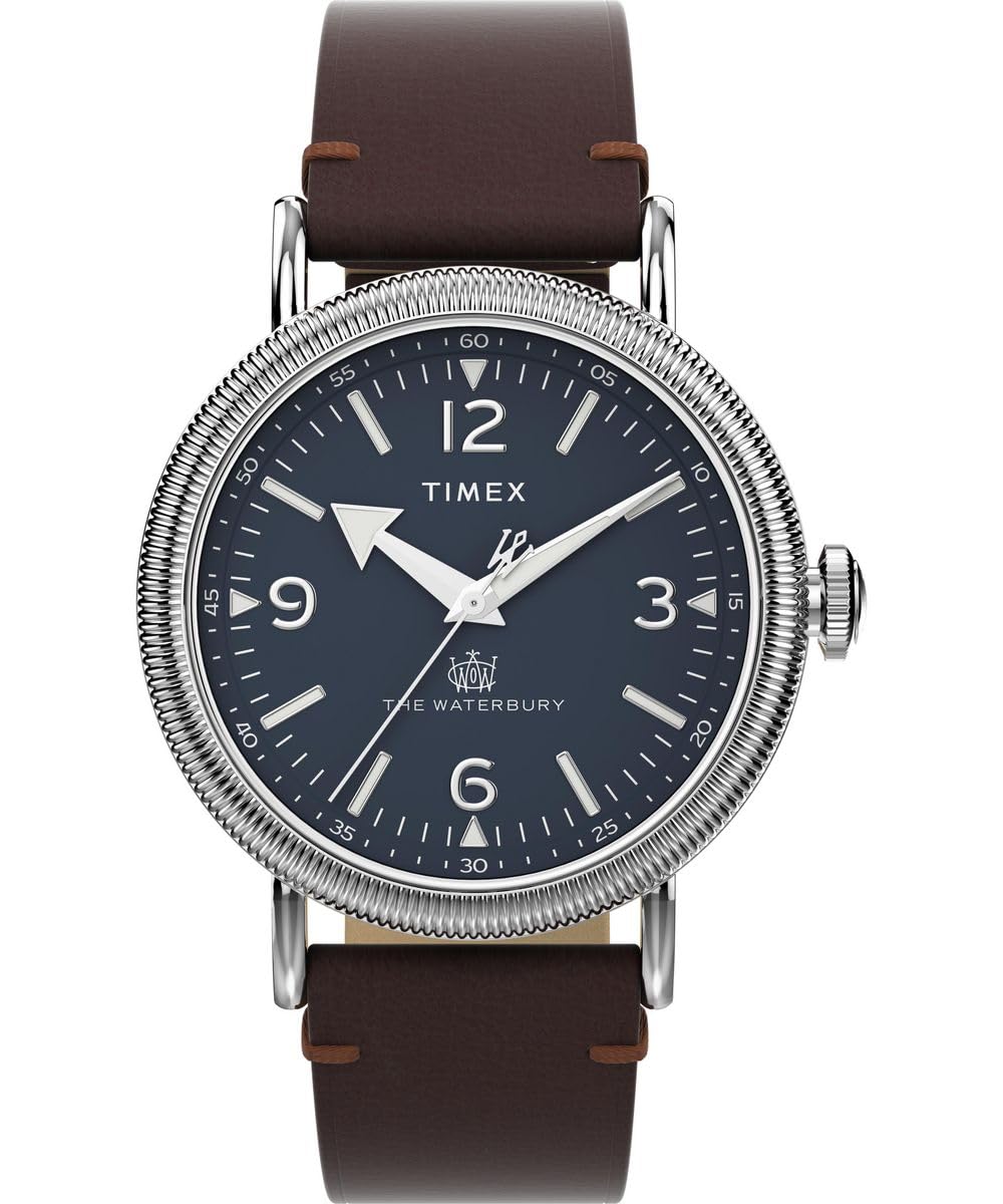 Timex Orologio Uomo Analogico Al Quarzo - Cinturino In Pelle Marrone, Quadrante Blu, 40mm, Impermeabile 5 ATM - Regalo Con Garanzia 2 Anni