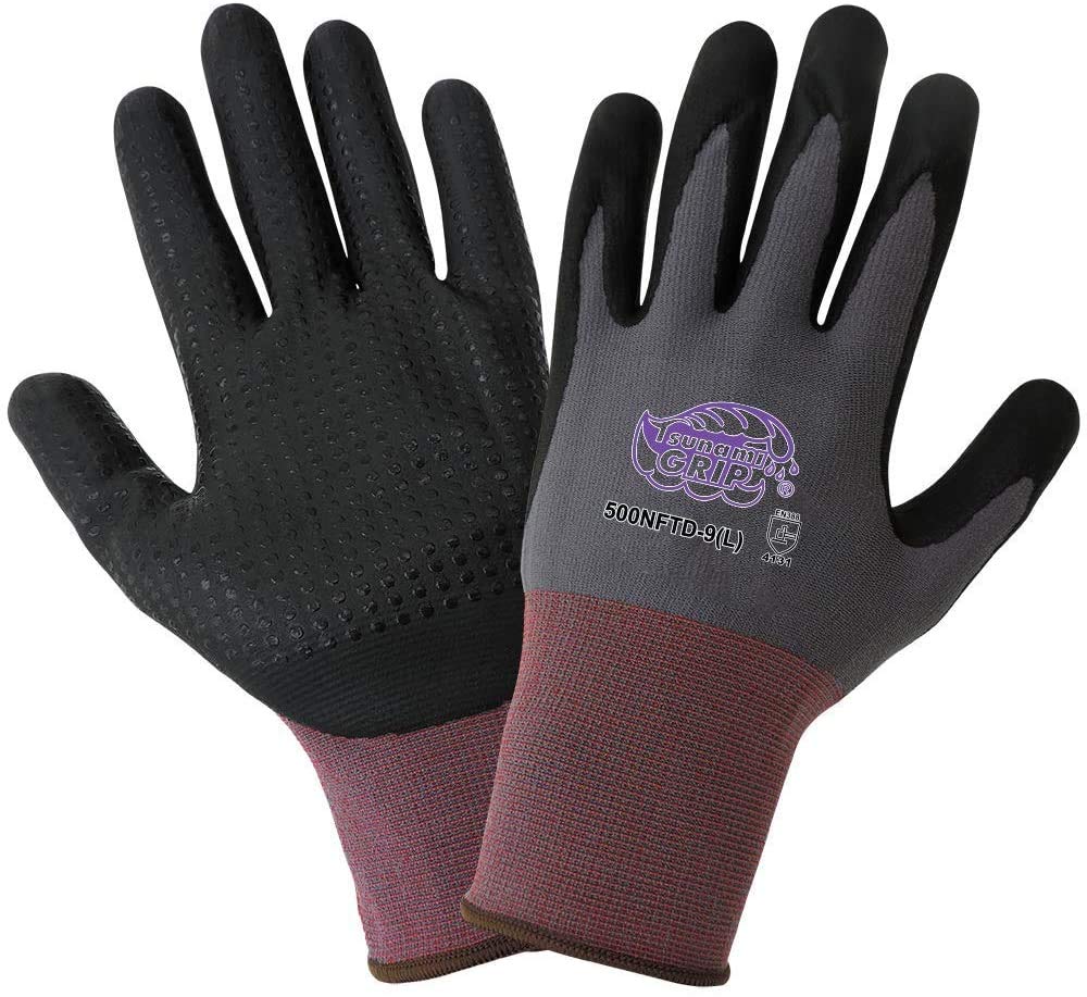 Global Glove500NFTD Tsunami Grip New Foam Technology Nitrile Coated Gloves - Large - 12 Pairs, Gray/Black